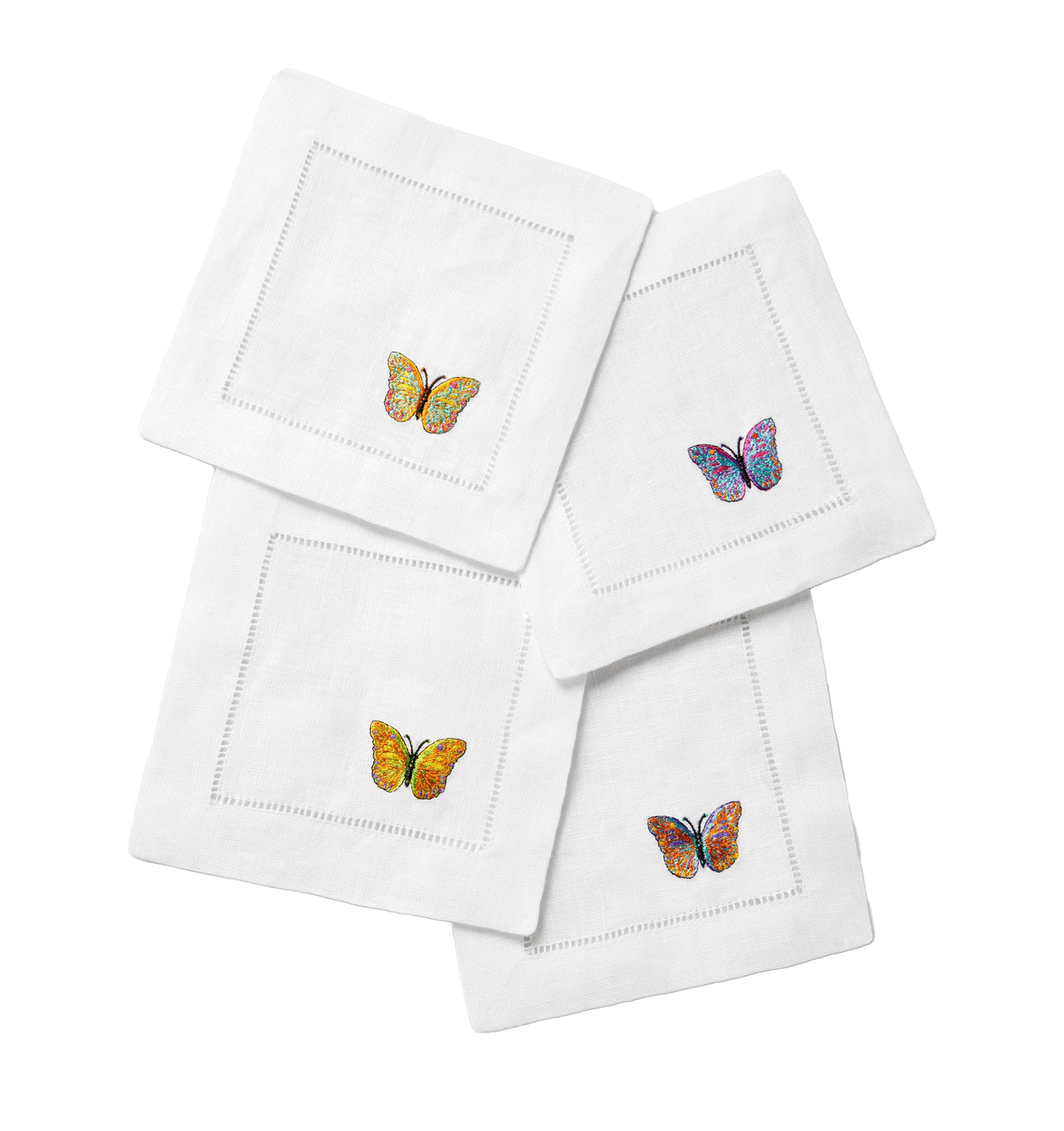 Sferra Bordano white linen cocktail napkins with colorful embroidered butterflies and hemstitch border.