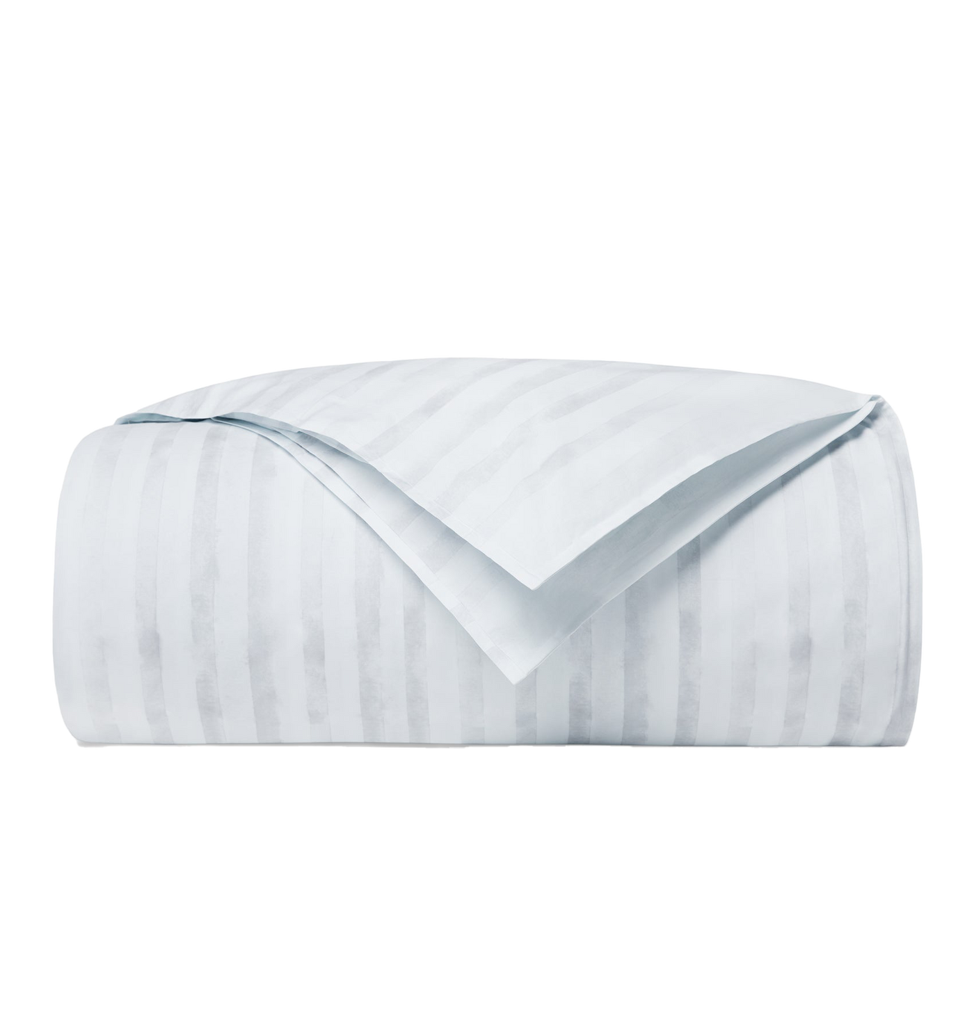 Sferra Kricia duvet cover in white with tone-on-tone satin stripes, neatly folded.