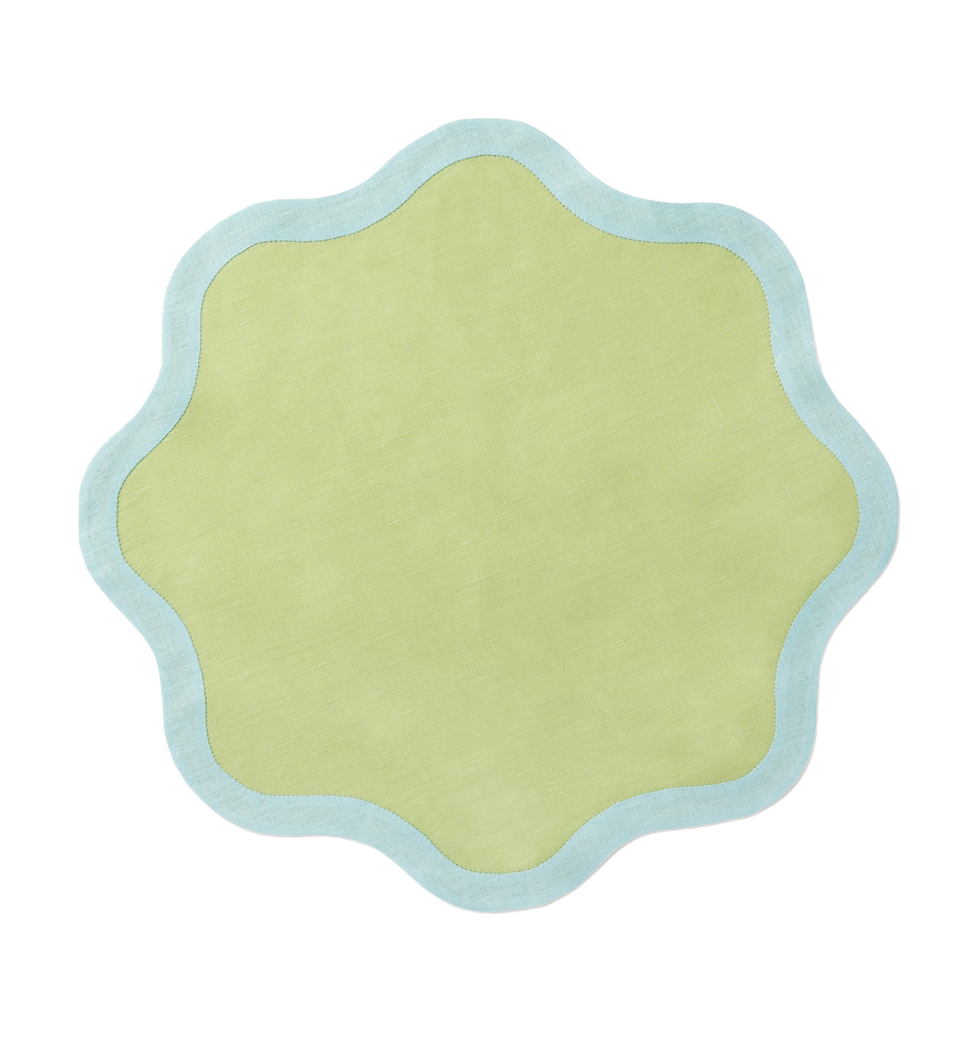 Sferra Ondulato dinner napkin in sage with a seafoam scalloped border.