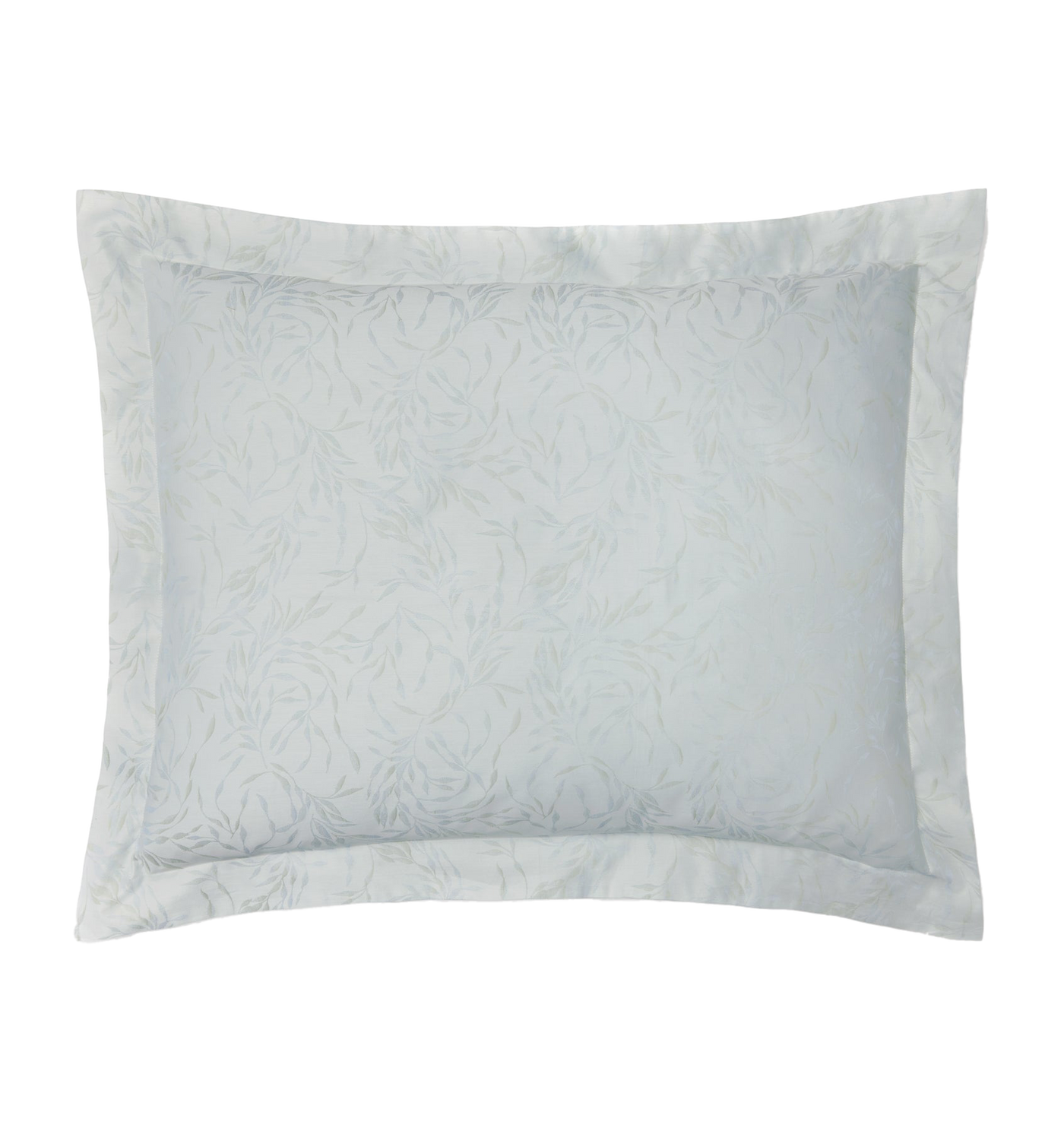 Sferra Selini sham in mist blue with tone-on-tone leaf jacquard and flanged border.