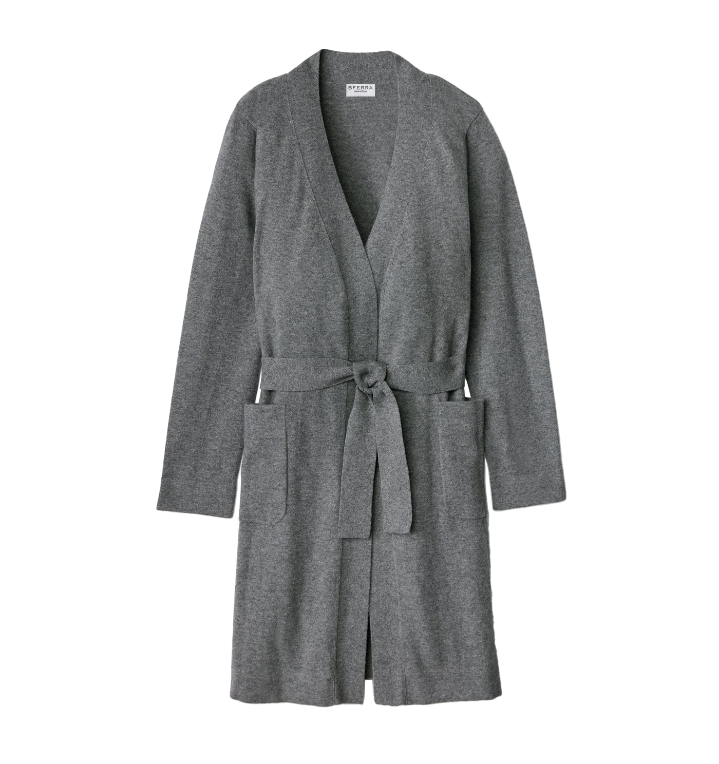 Sferra Donna Cashmere robe in heather grey with tie belt and patch pockets.