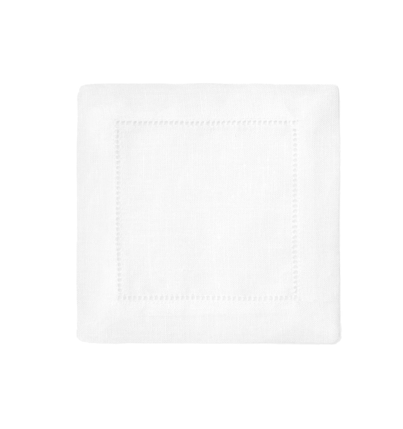 Sferra Festival white linen cocktail napkin with hemstitch border detail.