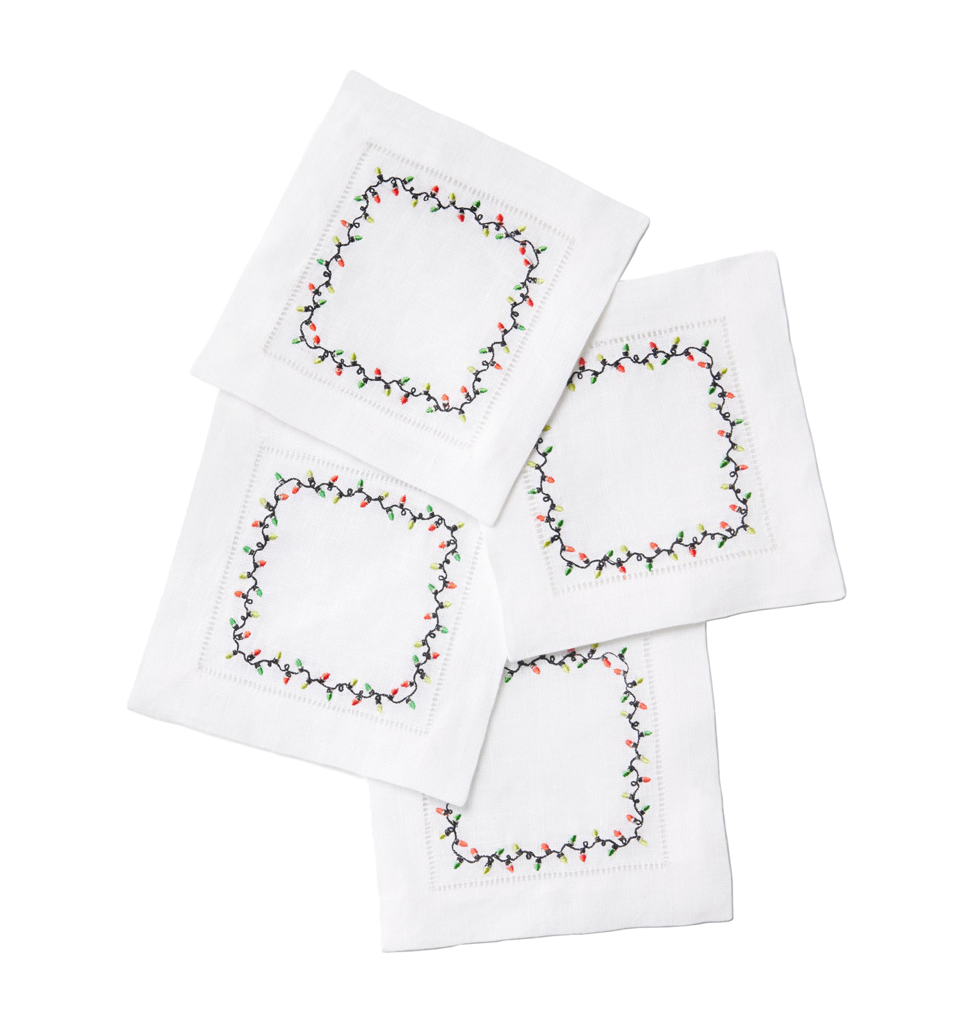 Sferra Luci white linen cocktail napkins with embroidered holiday light border, set of four.