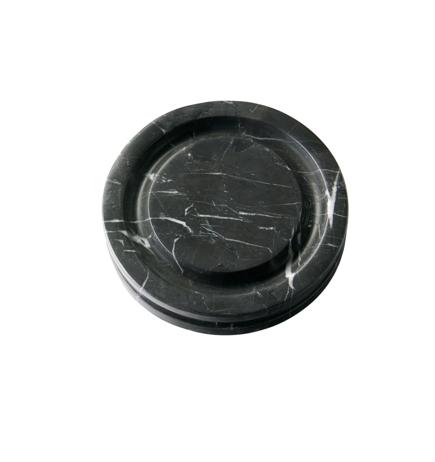 Sferra Marquina soap dish in black marble with white veining, circular form.