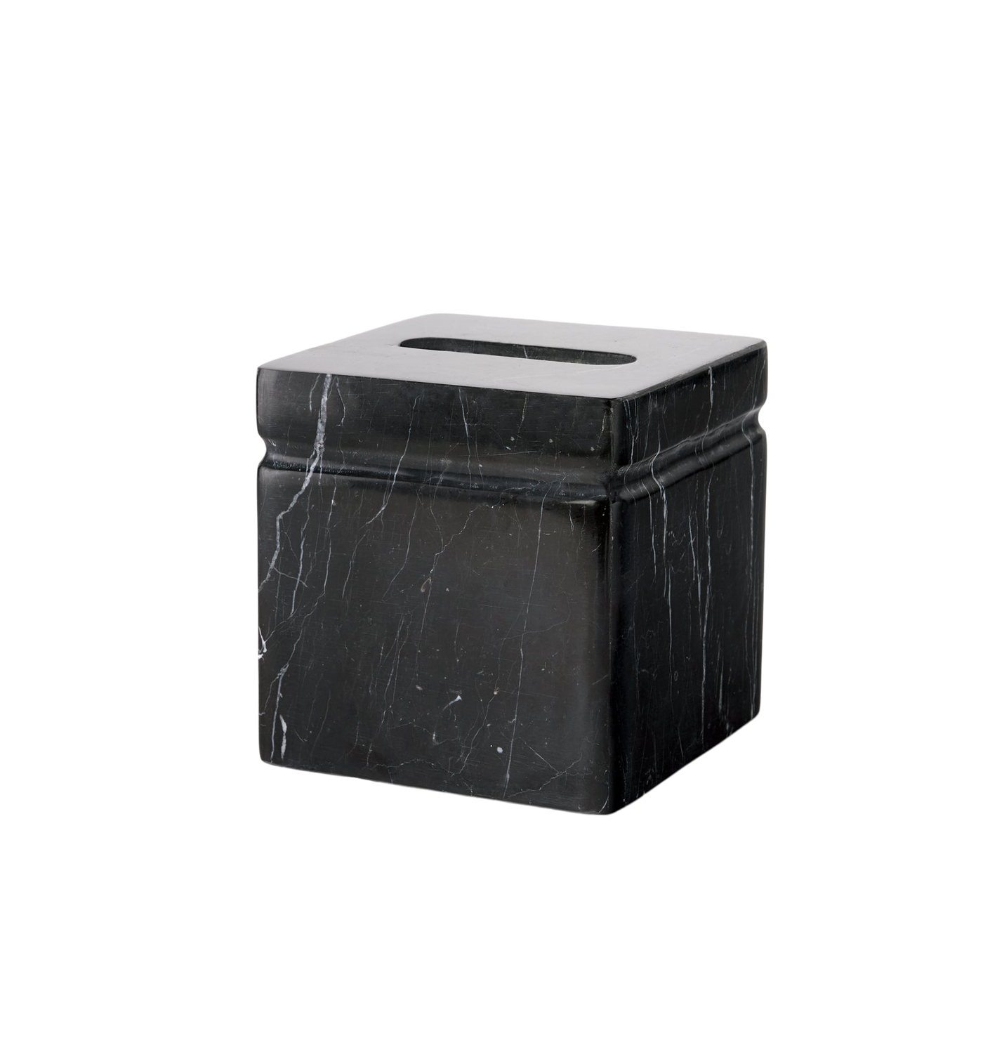 Sferra Marquina black marble square tissue holder with white veining.