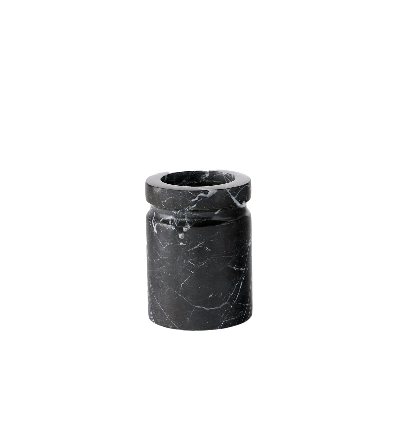 Sferra Marquina toothbrush holder in black marble with white veining.