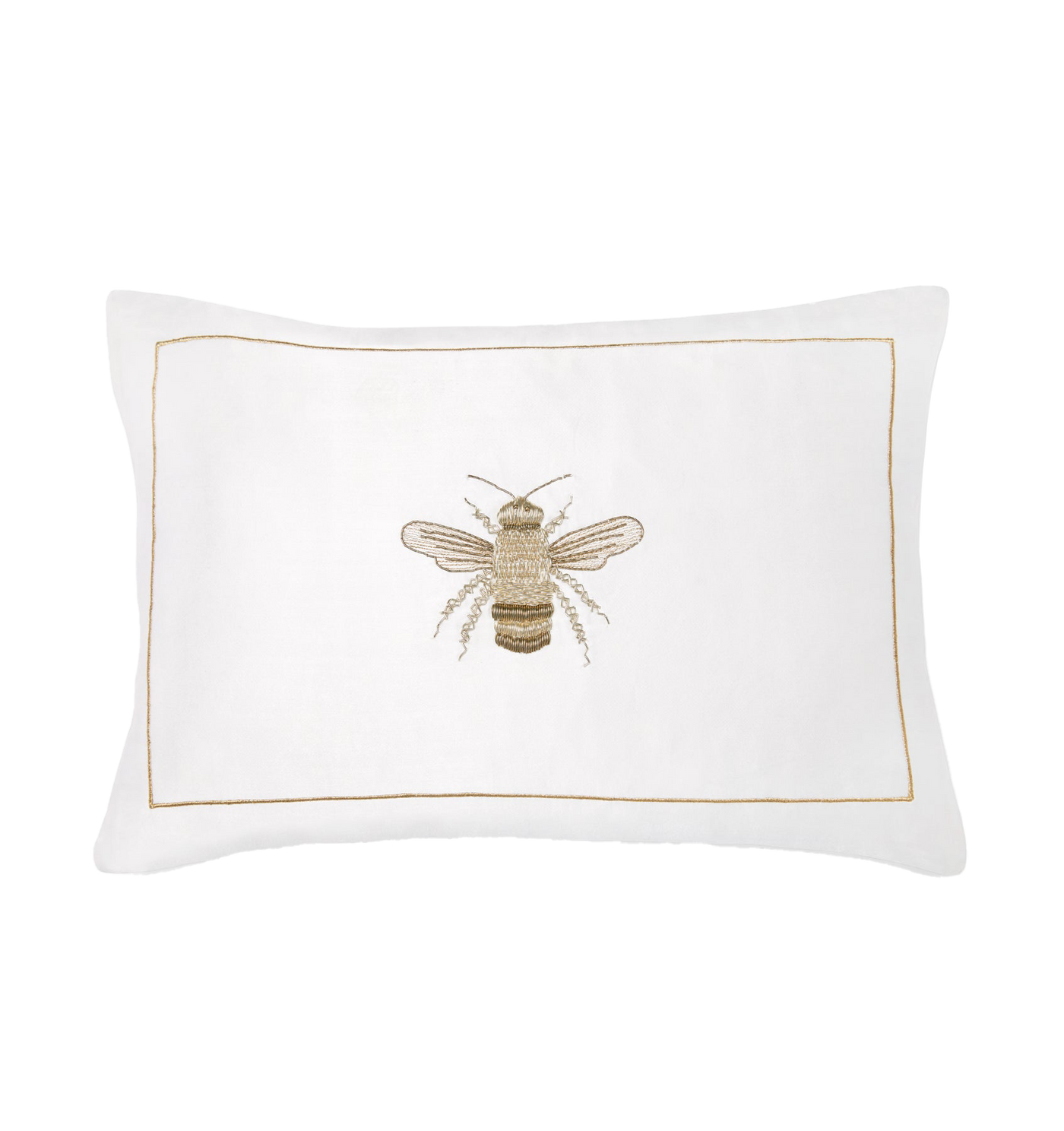 Sferra Miele white linen pillow with gold embroidered bee and border trim.