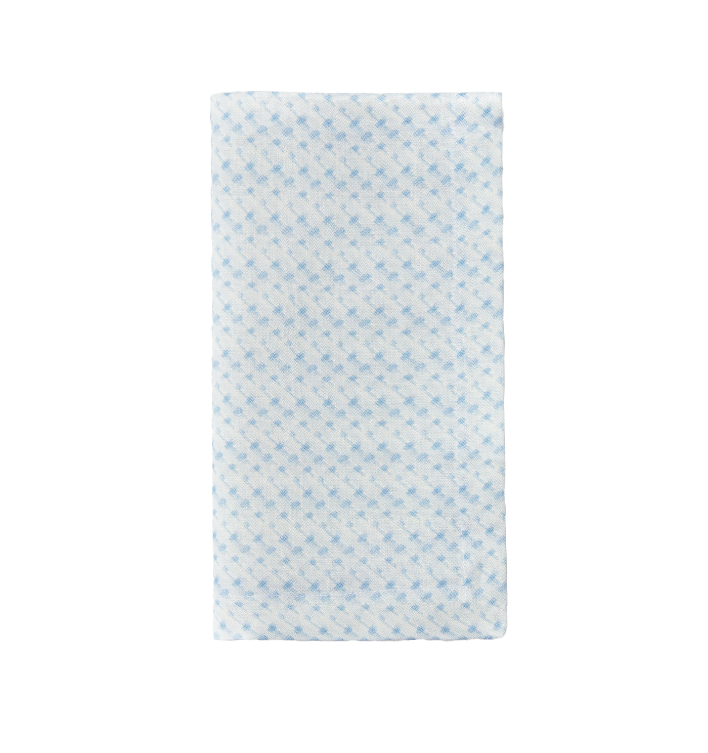 Sferra Abruzzo dinner napkin in white with sky blue geometric print pattern.