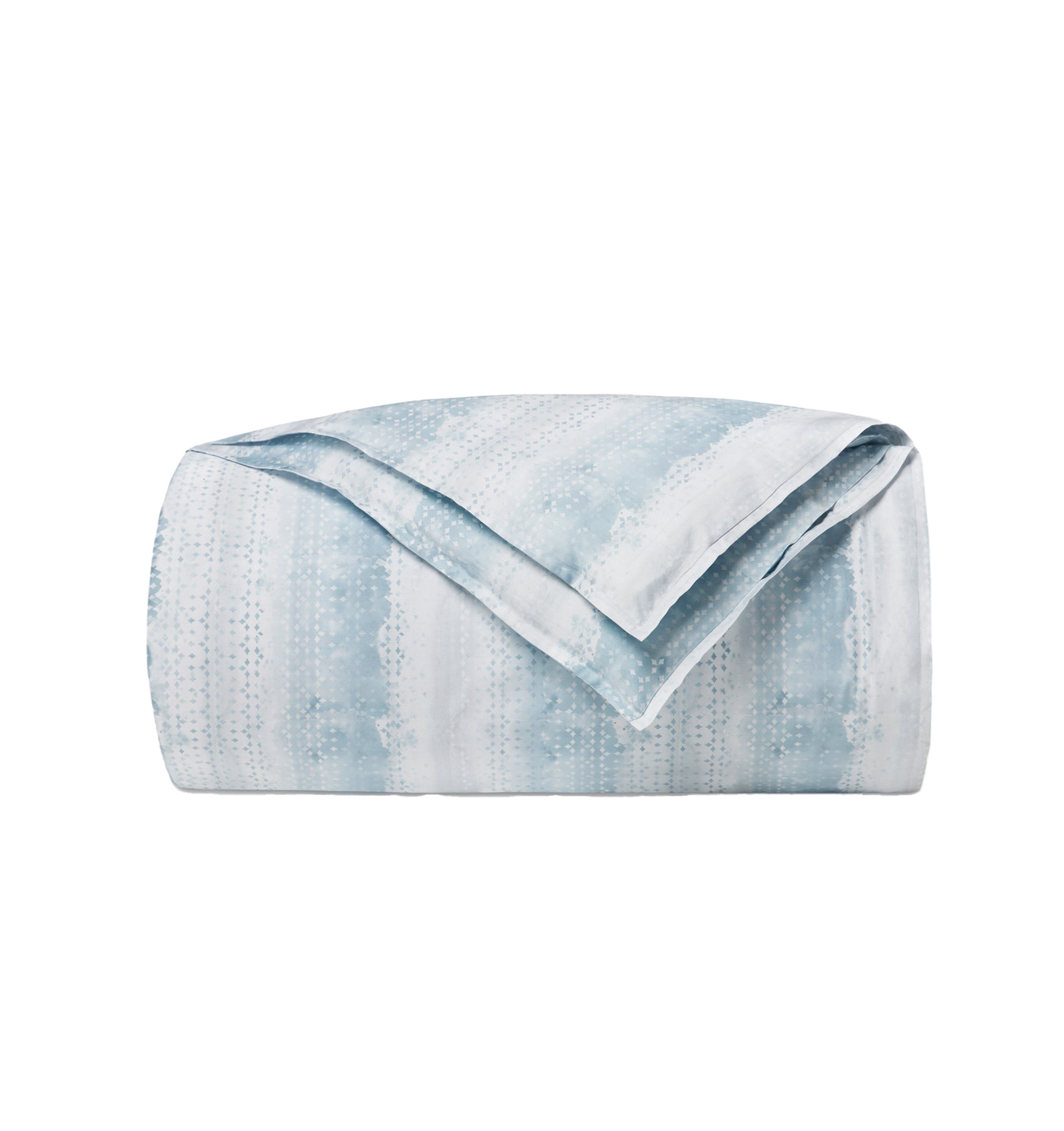 Sferra Brillanti duvet cover folded in soft aqua and white watercolor stripe pattern.