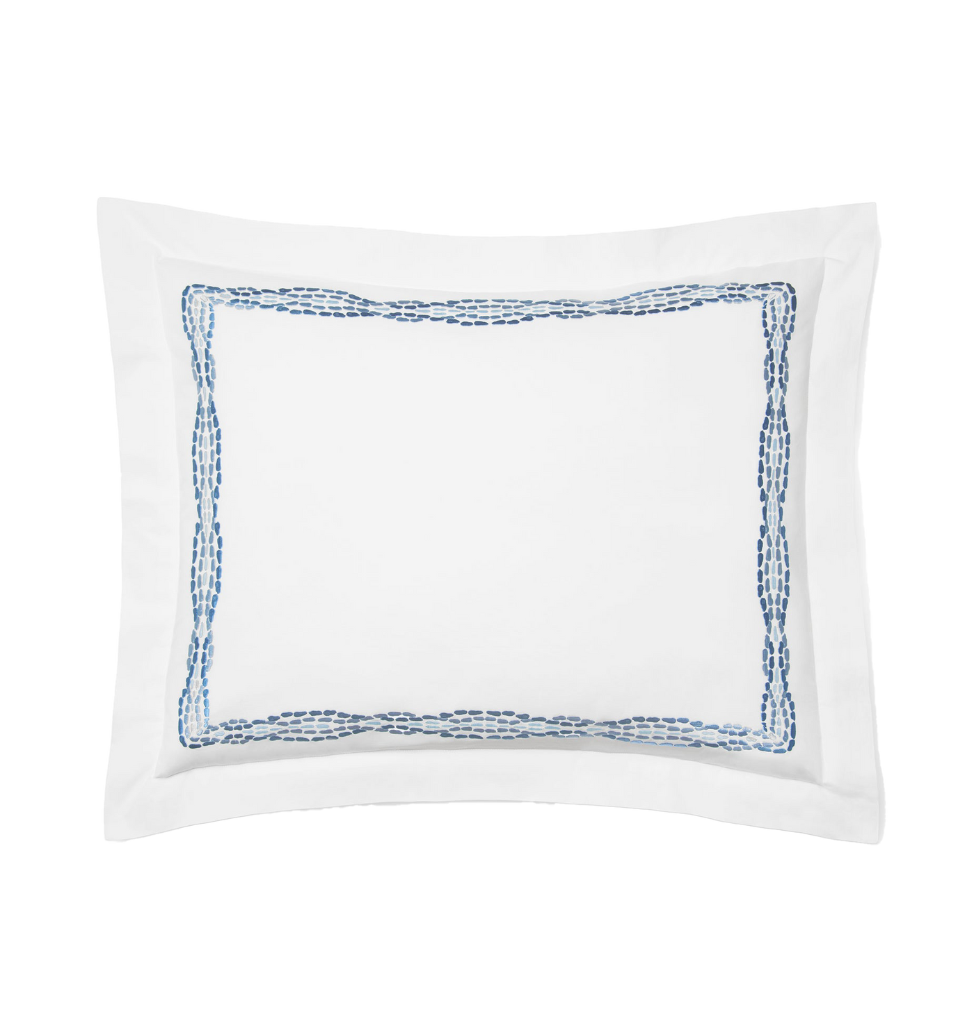 Sferra Cobblestones Embroidered sham in white with blue chain border detail.