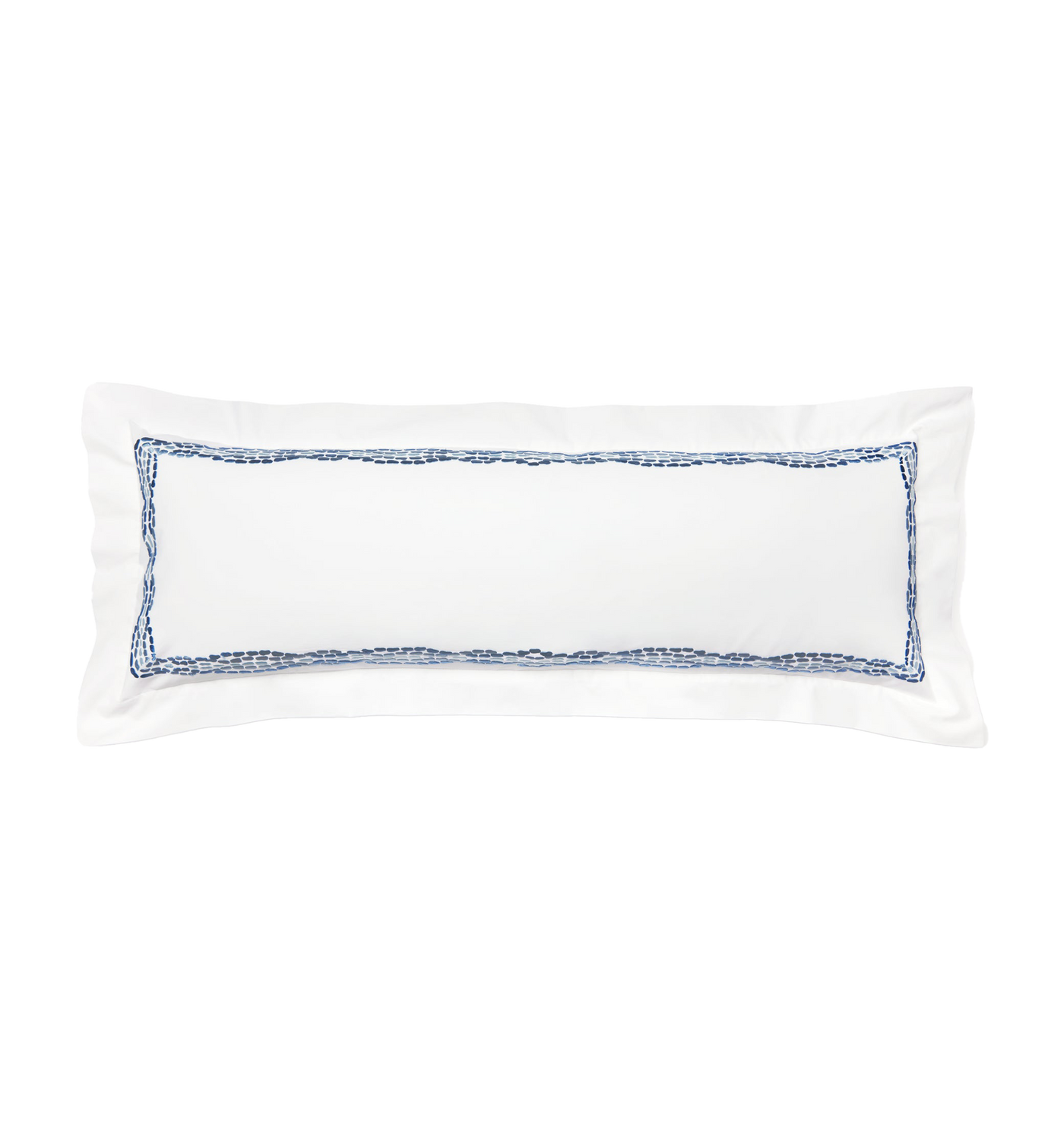 Sferra Cobblestones white lumbar pillow with navy embroidered border detail.