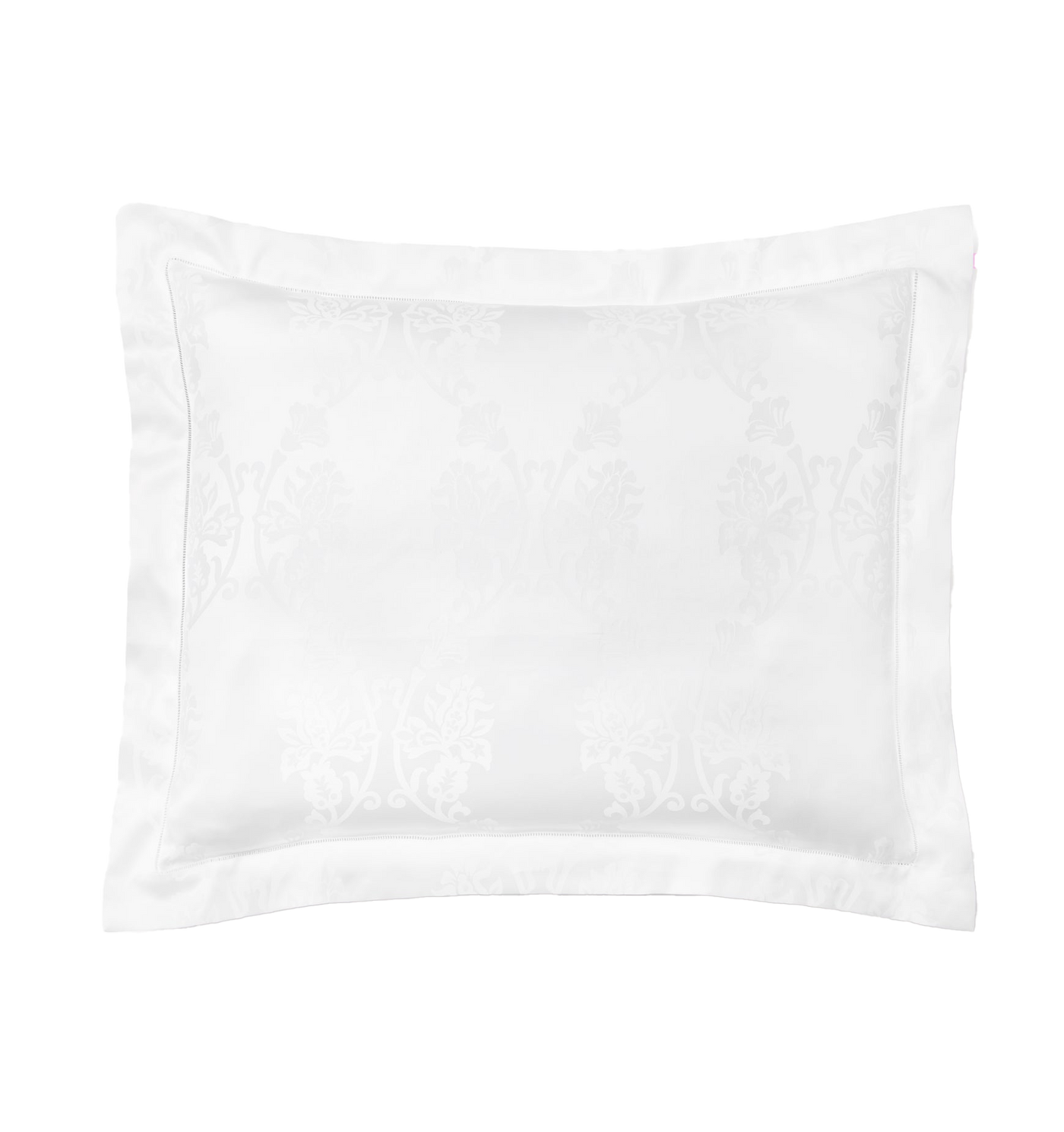 Sferra Giza 45 Lido white damask cotton sham with wide flange border.