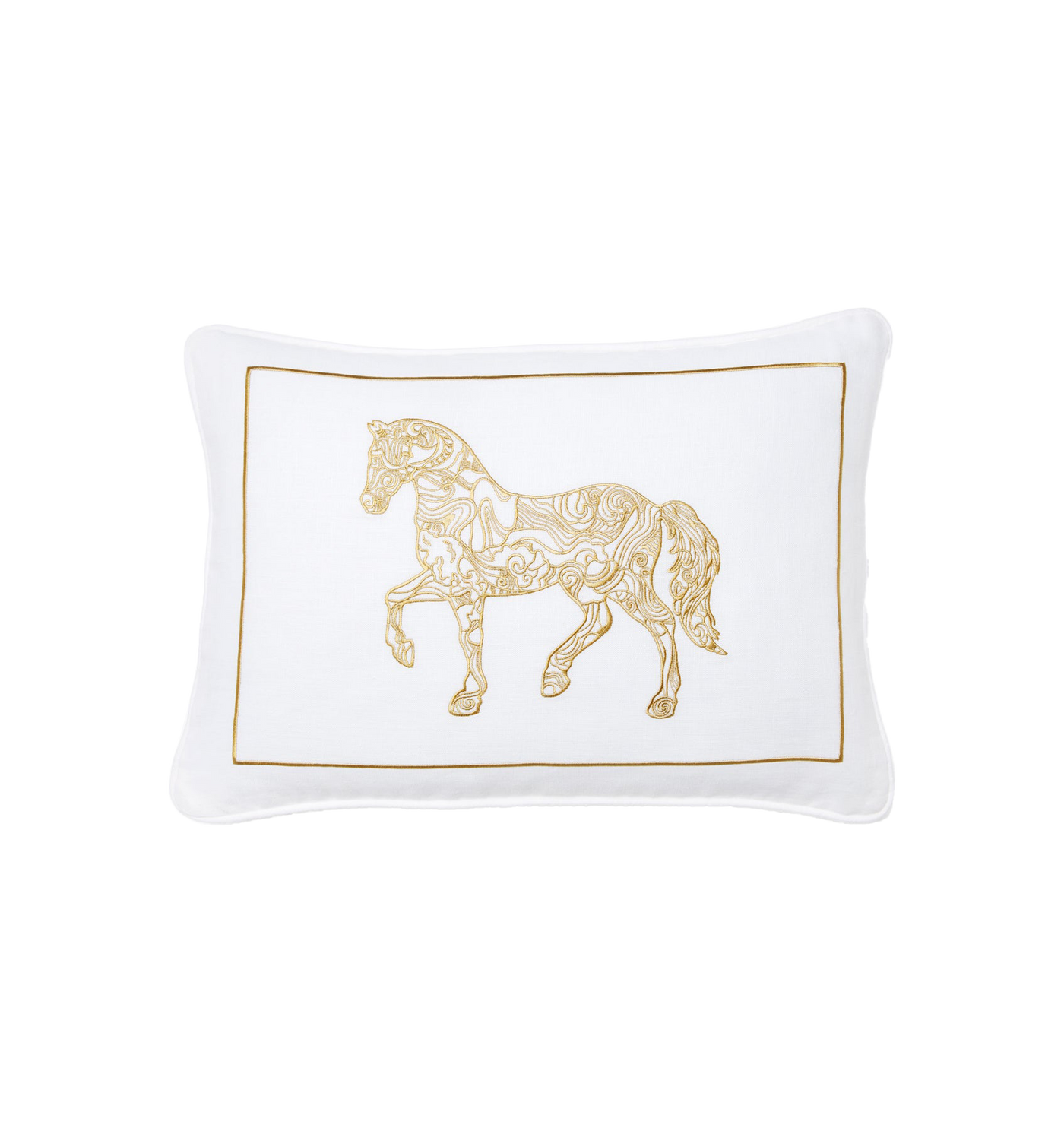 Sferra Year of the Horse white linen decorative pillow with gold embroidered horse motif.