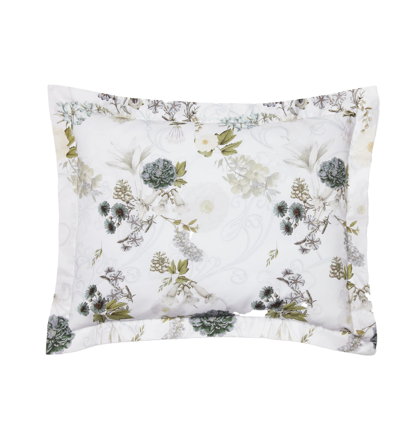 Sferra Incanto sham in ivory cotton with sage and grey botanical floral print.