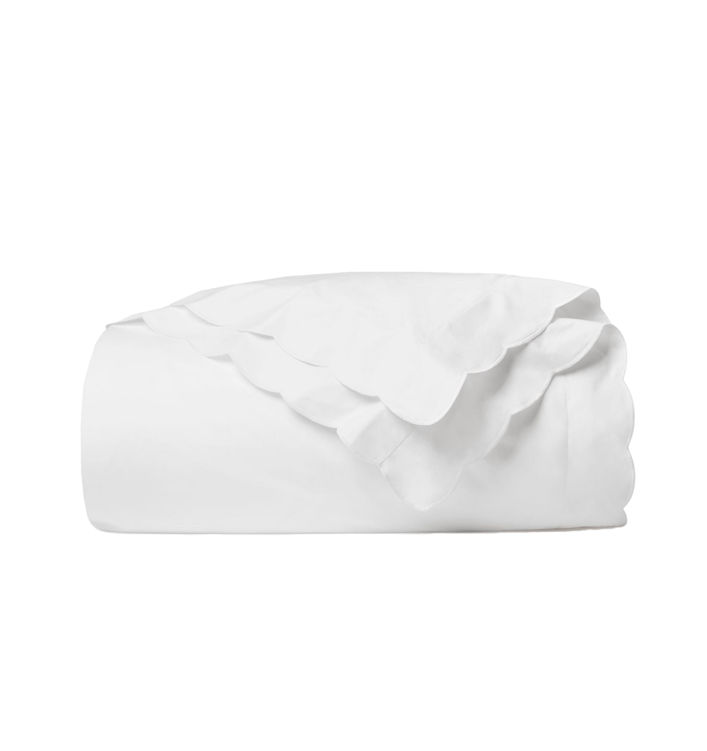 Sferra Limana duvet cover in white cotton, folded to show scalloped edge detail.