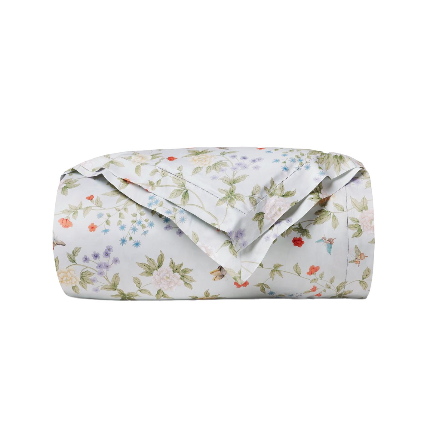 Sferra Luoyang Garden duvet cover, white cotton with floral and butterfly print, folded.