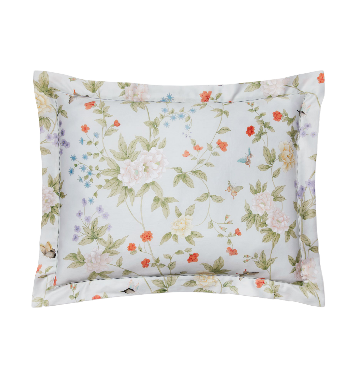 Sferra Luoyang Garden sham in mist with multicolor floral and butterfly print.