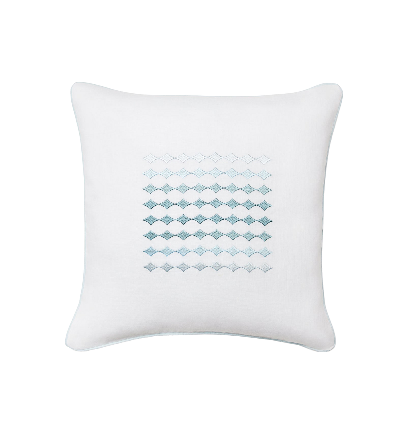 Sferra Ortona white decorative pillow with teal geometric wave embroidery.