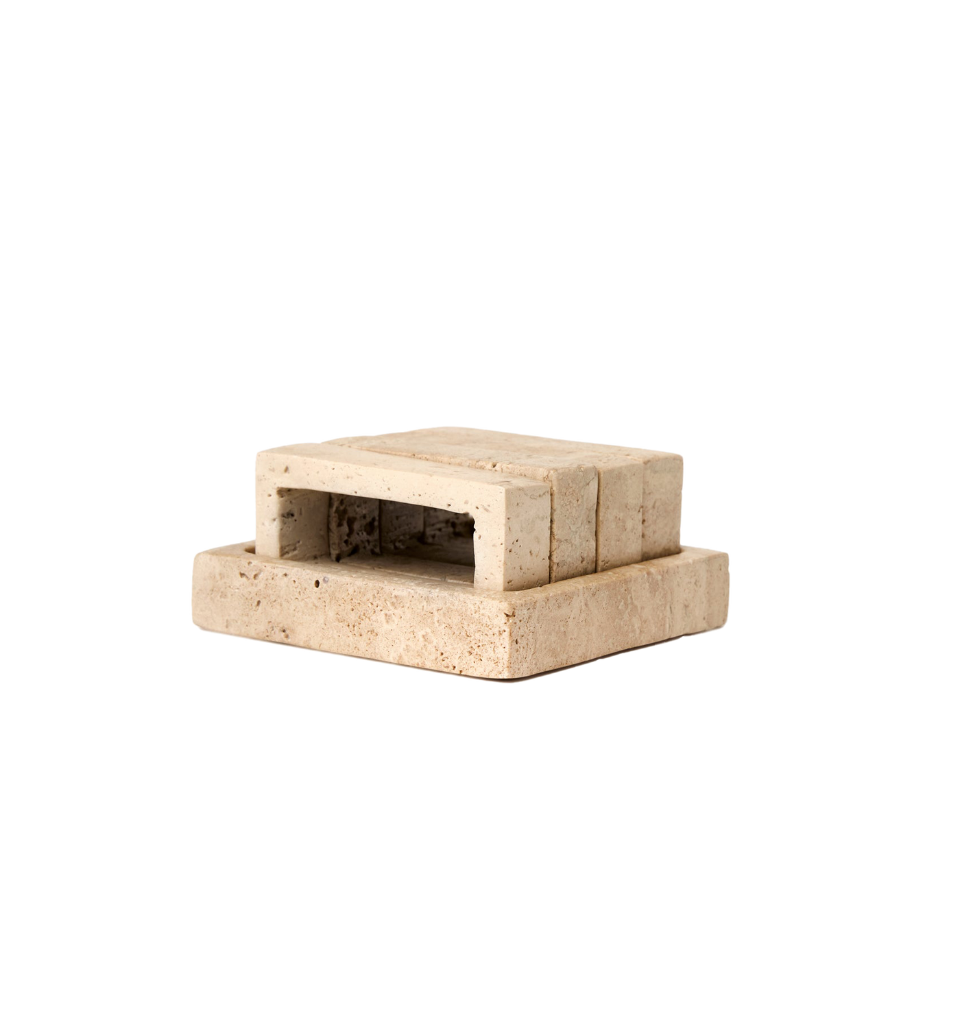 Sferra Travertino napkin ring in natural travertine stone with tiered square form.