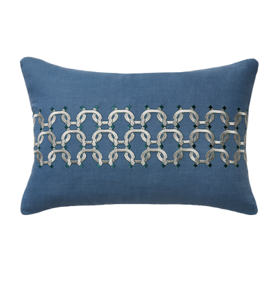 Sferra Bardi decorative pillow in slate blue linen with ivory chain-link embroidery band.