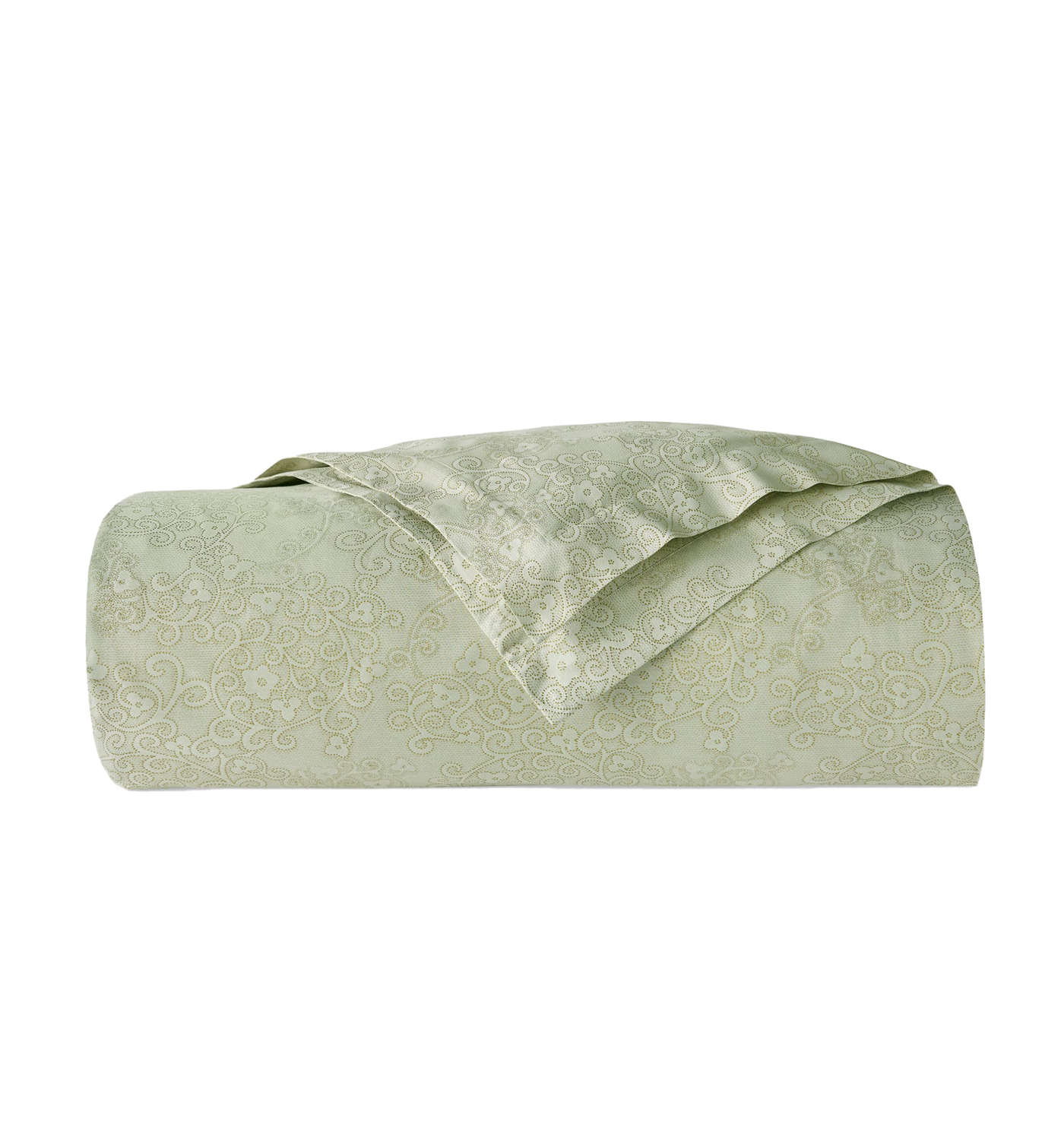 Sferra Rialto duvet cover folded in sage green with tonal scroll jacquard pattern.