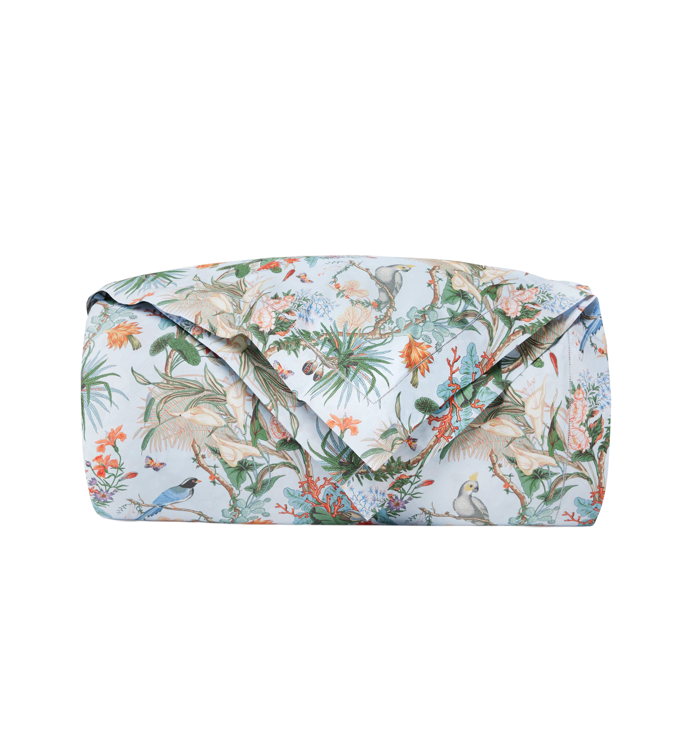 Sferra Cinque Terra duvet cover in pale blue with tropical botanical and bird print.