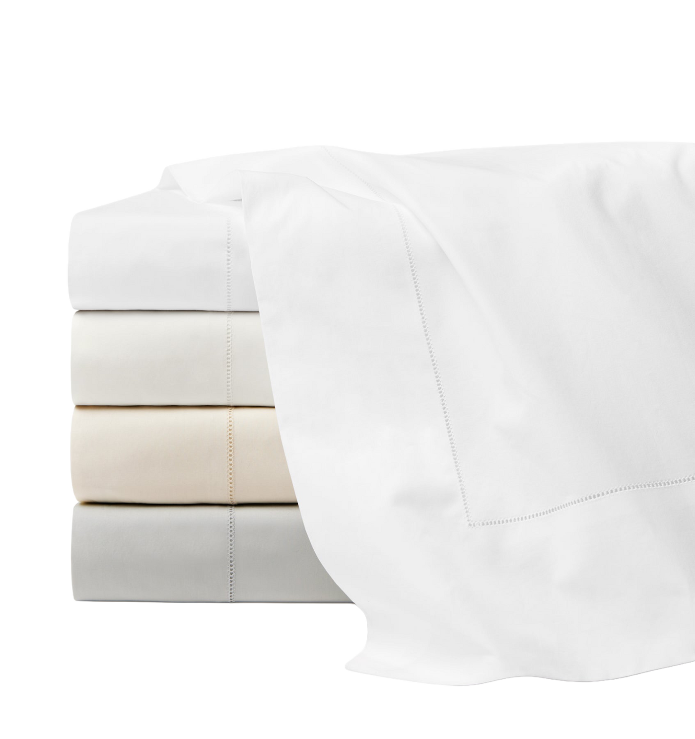 Sferra Luxor flat sheets stacked in white, champagne, ivory, and silver, with hemstitch detail.