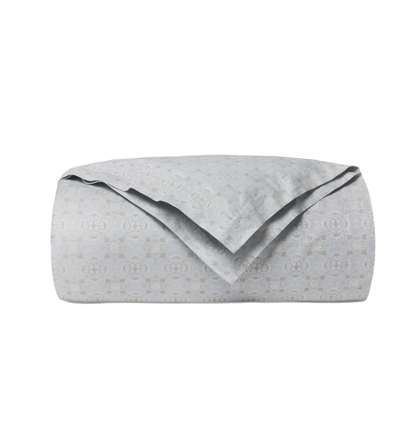 Sferra Maiolica duvet cover folded in silver with a woven geometric medallion pattern.