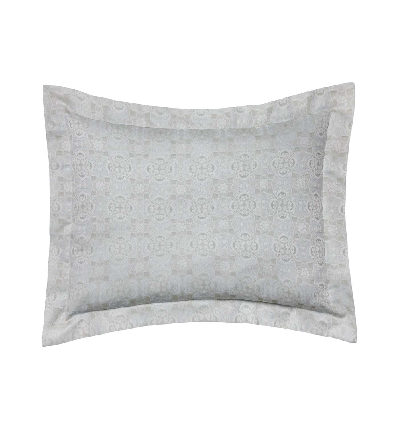 Sferra Maiolica sham in silver-grey cotton with geometric medallion jacquard pattern.