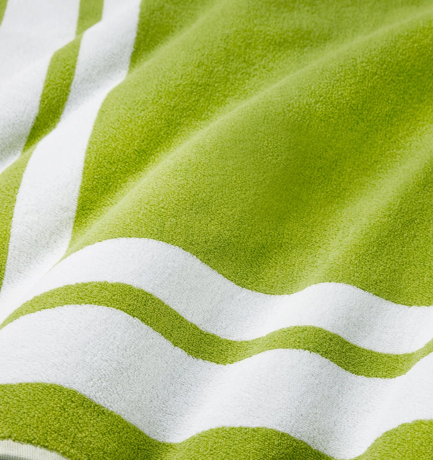 Close-up of chartreuse and white striped terry cloth texture on Sferra Mareta beach towel.