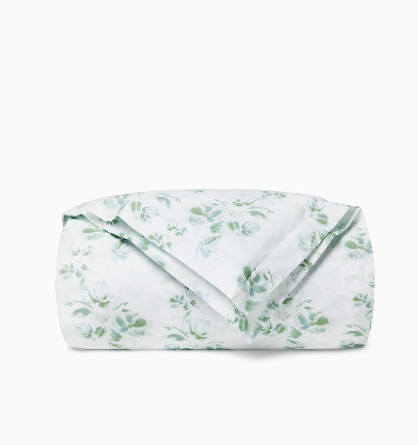 Sferra Rosa duvet cover folded, showing sage green watercolor floral print on white.