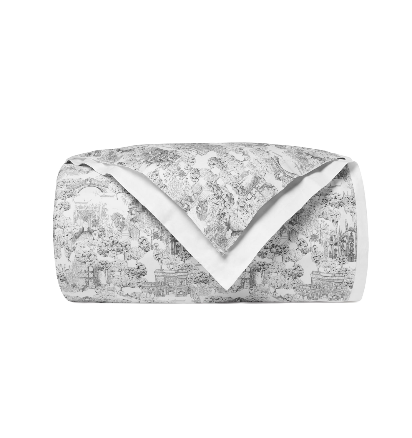 Sferra Viaterra duvet cover, folded, white with grey toile print.