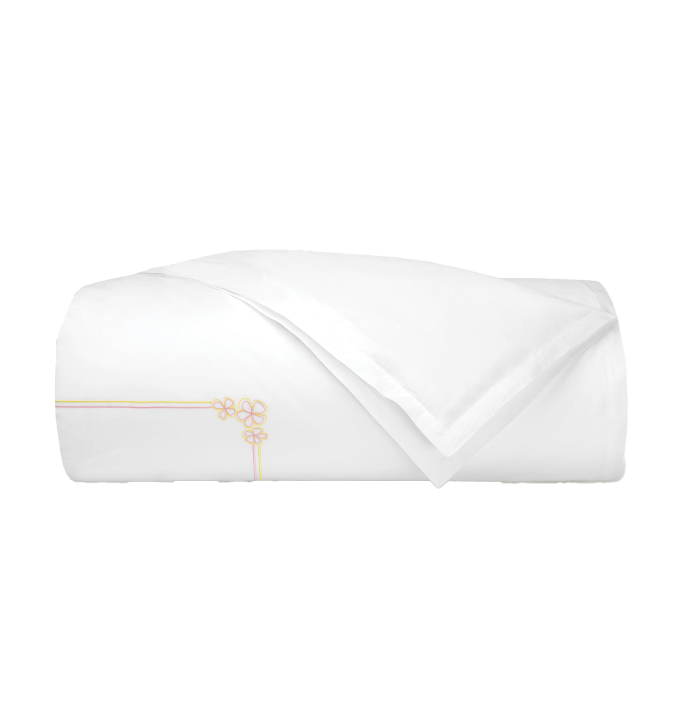 Sferra Fiorina duvet cover in white with floral embroidery, neatly folded.