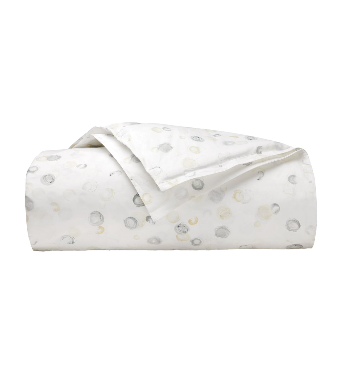 Sferra Punti duvet cover in ivory with silver and champagne watercolor dot print, neatly folded.