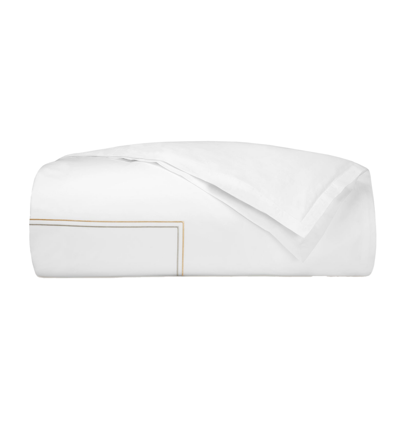 Sferra Squillo duvet cover in white with champagne double-line embroidery, folded.