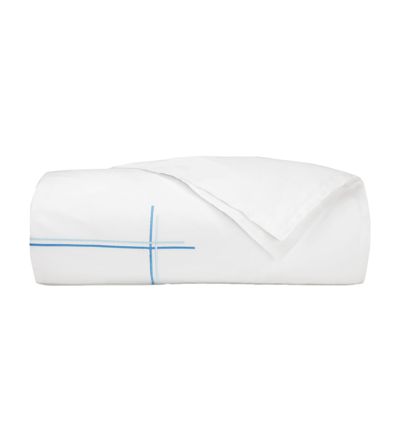 Sferra Tratto duvet cover in white with blue intersecting line embroidery, neatly folded.