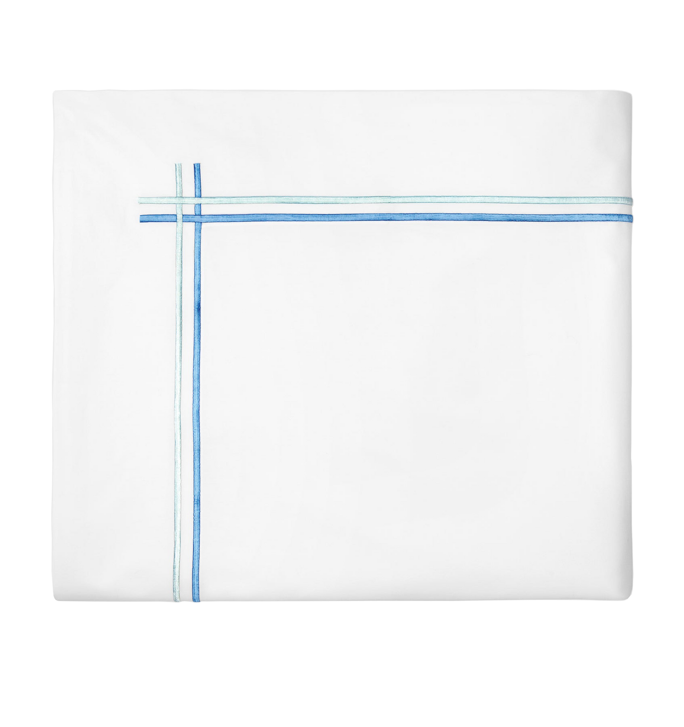 Sferra Tratto flat sheet in white with blue and aqua embroidered stripe detail.
