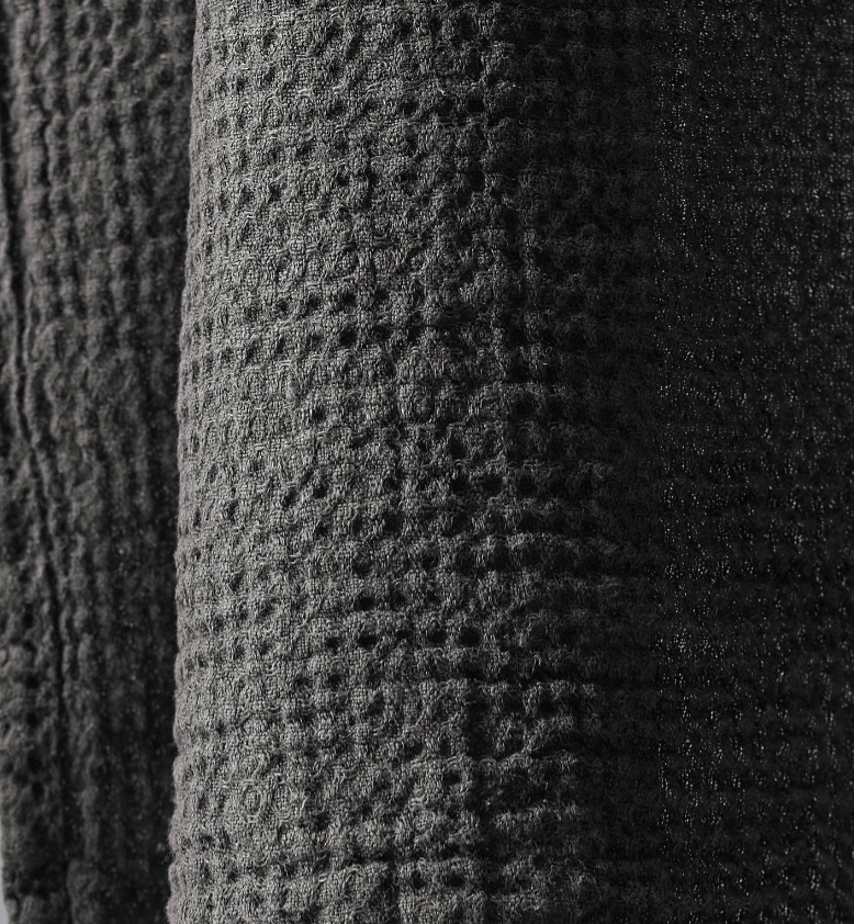 Close-up of charcoal waffle-knit cotton texture on Society Limonta Lipe New robe.
