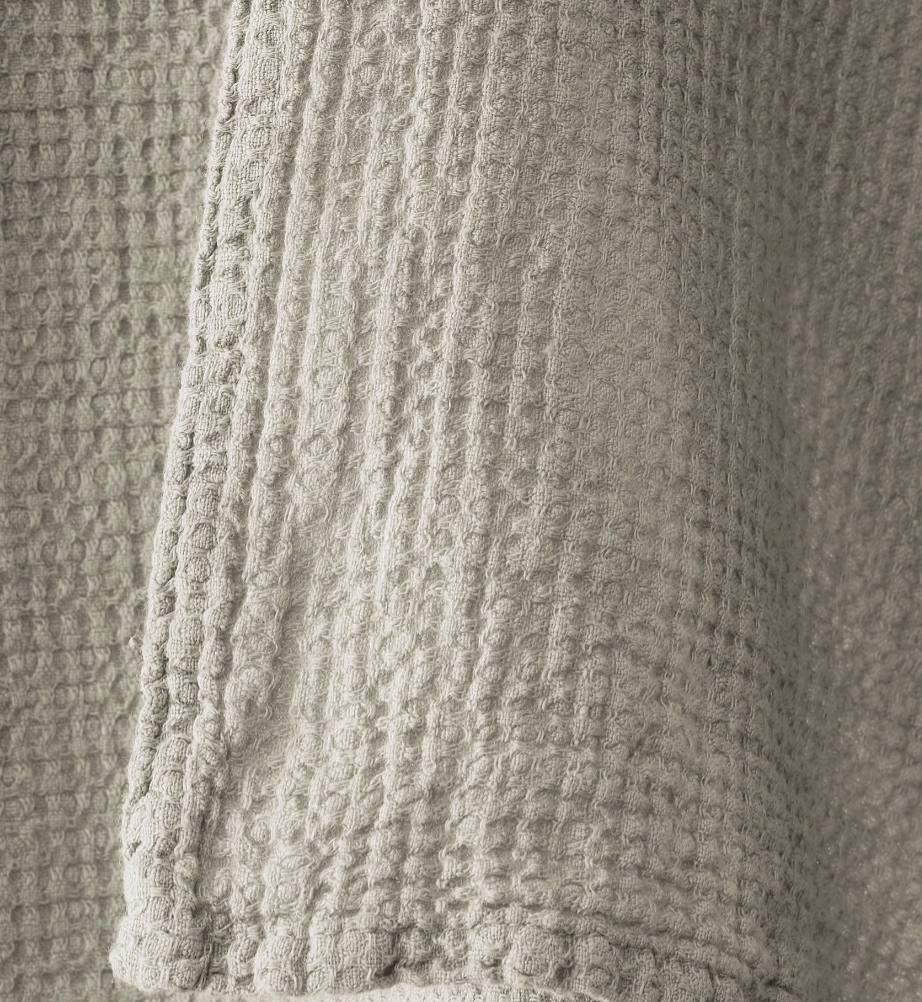 Close-up of Society Limonta Lipe New robe sleeve in sage, showing textured waffle-weave cotton.