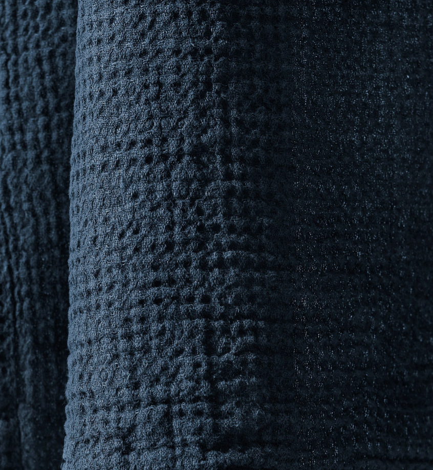Close-up of midnight blue waffle-weave cotton texture on Society Limonta Lipe New robe.