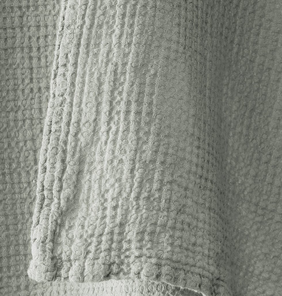 Close-up of Society Limonta Lipe New robe sleeve hem in sage waffle-weave cotton.
