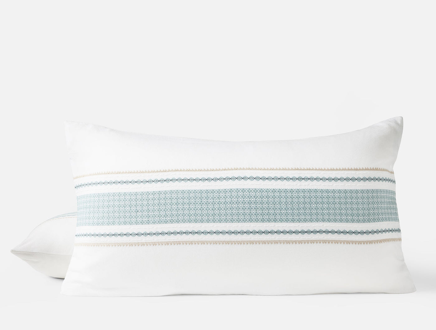 Close-up of Coyuchi Cabrillo sham's woven stripe detail in seafoam and white.