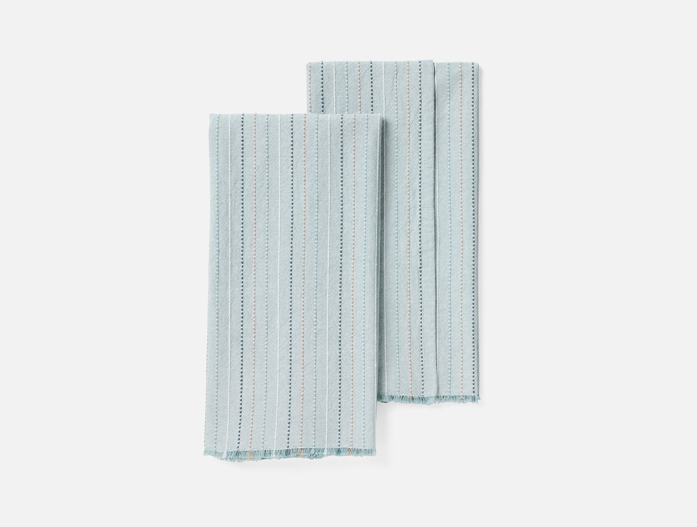 Pair of seafoam hand towels with vertical stripe and dotted weave pattern, fringe hem detail.