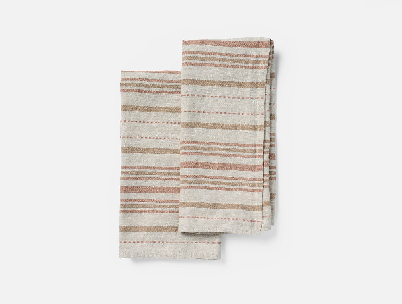 Folded pair of striped linen hand towels in warm terra and sage tones on white ground.