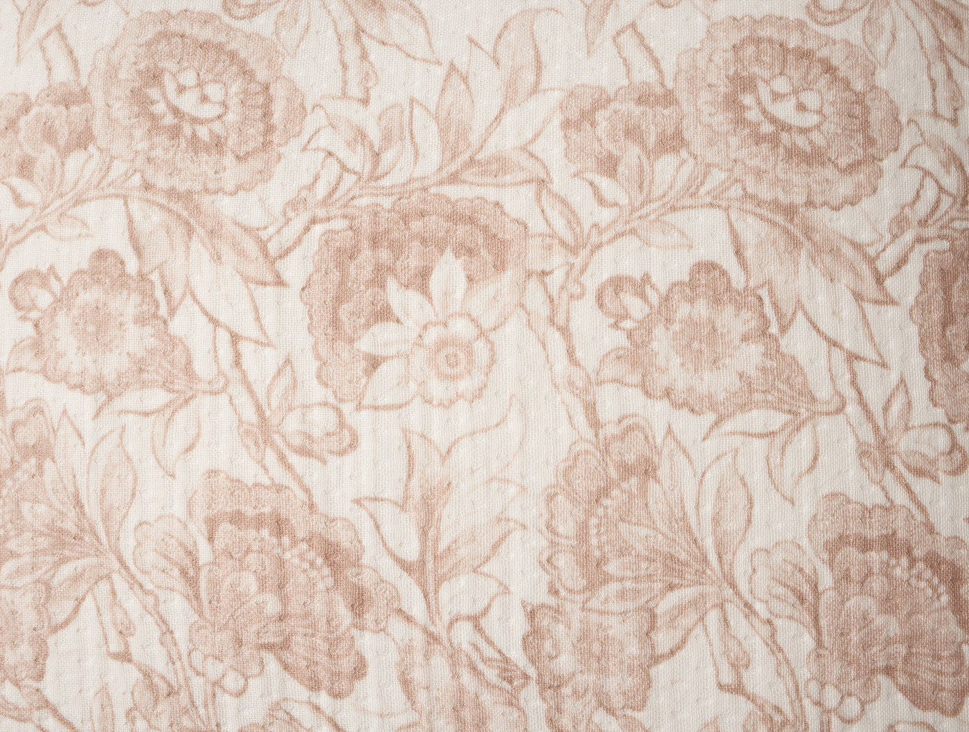 Close-up of blush floral matelassé weave on ivory ground, Balboa pattern.