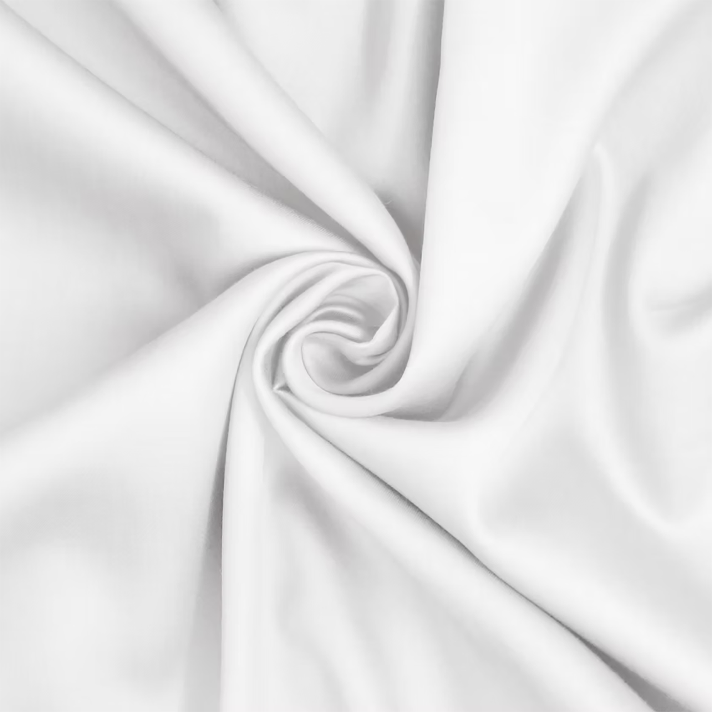 White sateen fabric twisted into a spiral, showing smooth lustrous surface and fluid drape.
