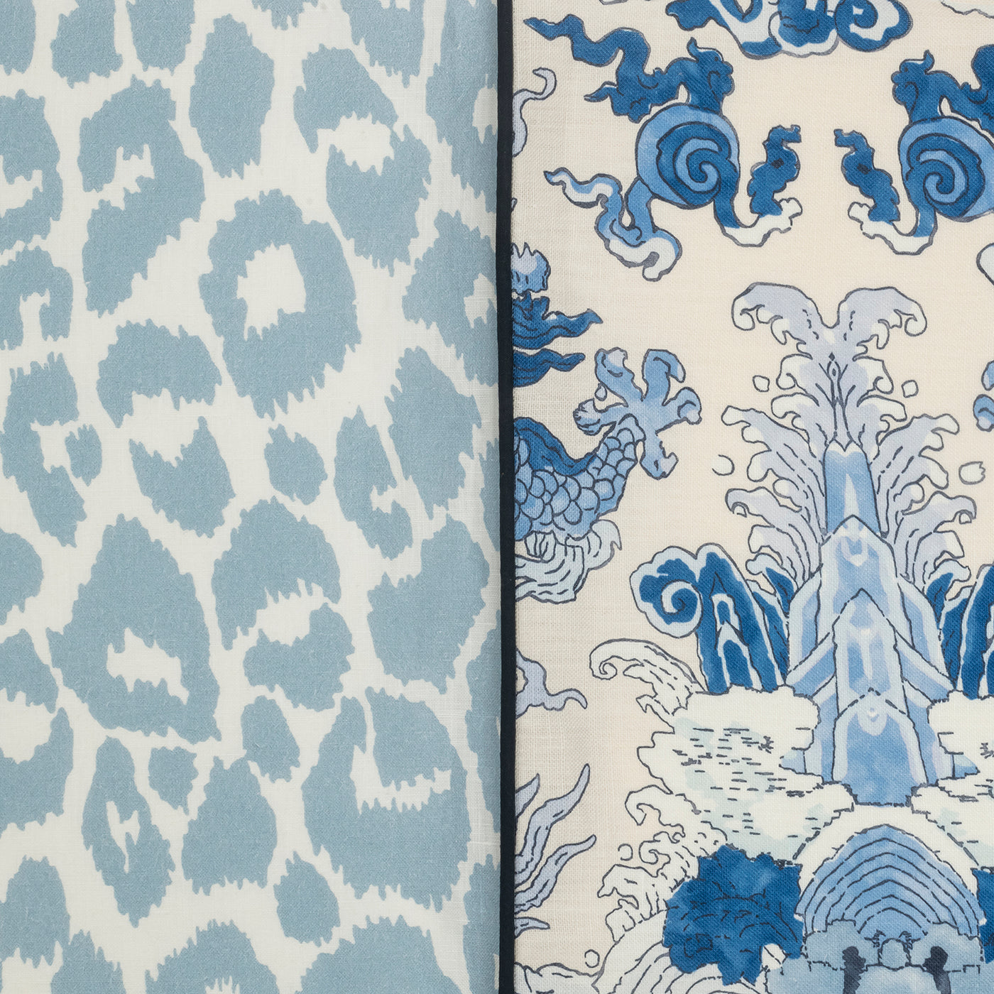 The Matouk Reversible Quilted Lumbar Pillow Cover features a light blue leopard print on one side and a blue-and-white Asian dragon wave motif on the other—ideal for creating customizable decorative pillows.