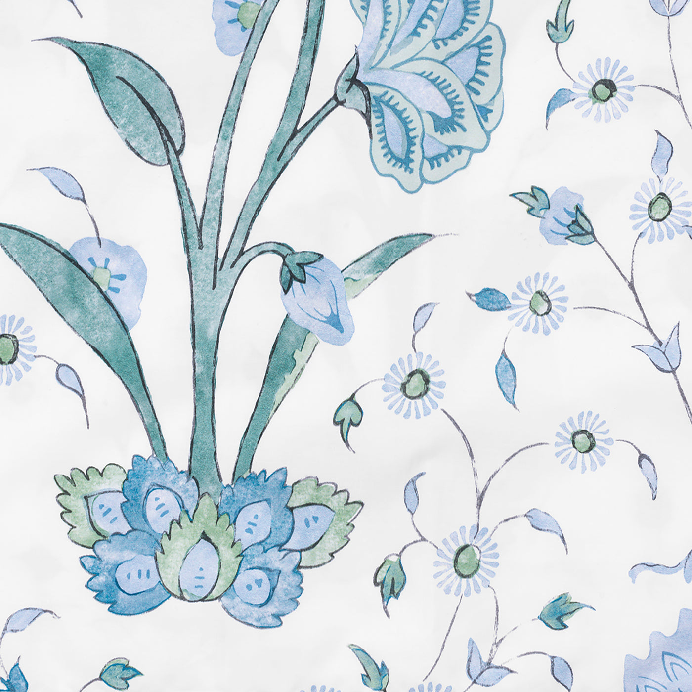 Close-up of Khilana's blue and teal botanical print on white cotton.