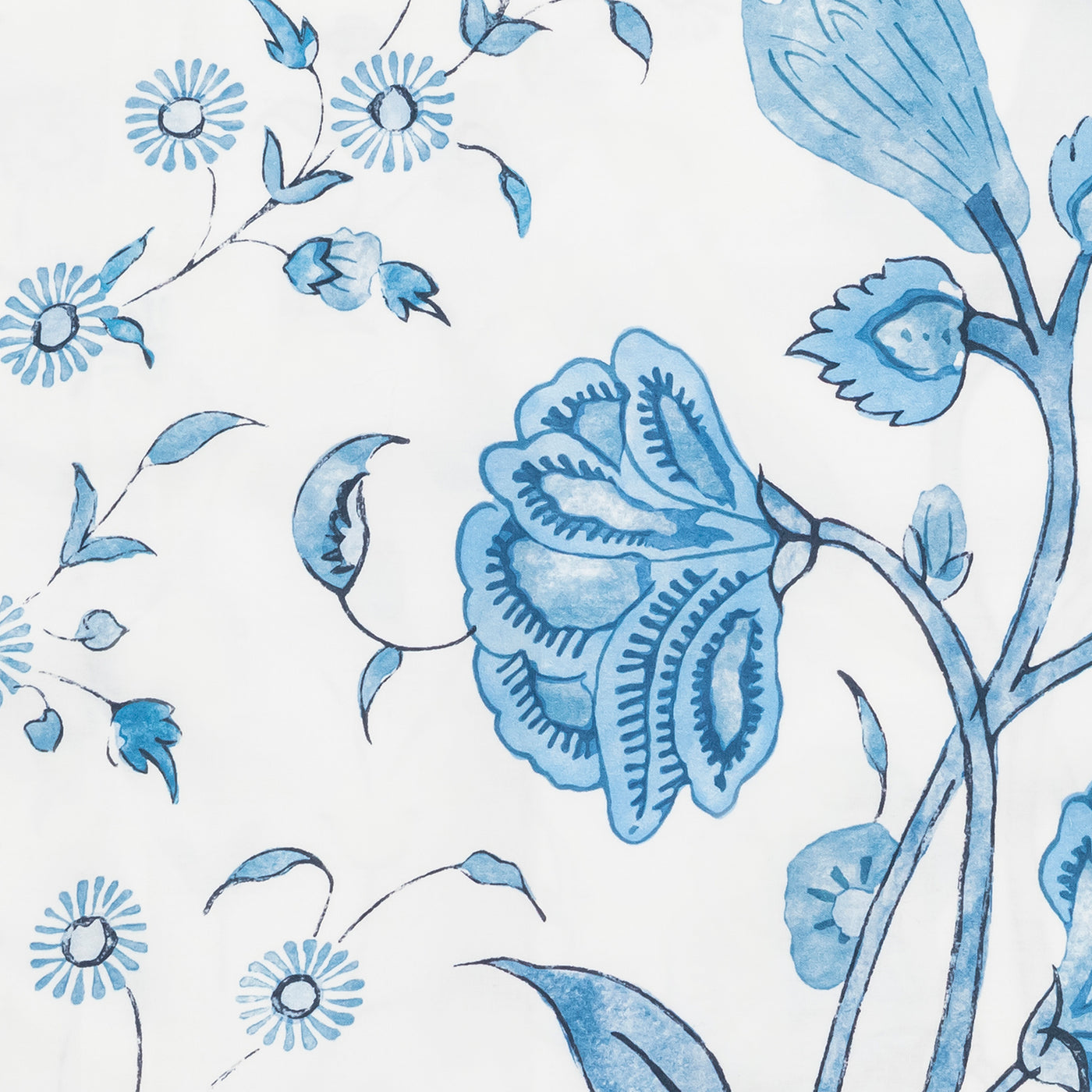 Close-up of Khilana's blue floral block-print pattern on white cotton fabric.