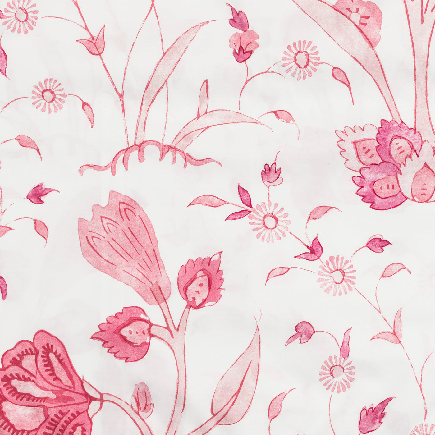 Close-up of raspberry floral and vine print on white cotton fabric.